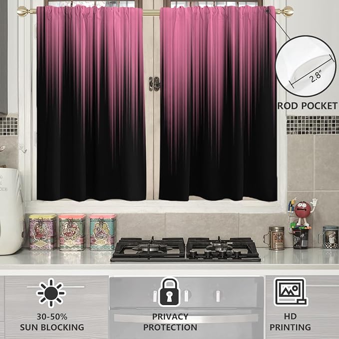 AAtter Pink and Black Kitchen Curtains, Ombre 27.5" W x 39" L, 2 Panels | Gothic Modern Abstract Striped, Cute Preppy Girls Style, Rod Pocket Bathroom Window Drapes, Small Short Tiers for Women