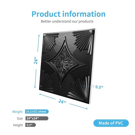 Art3d Drop Ceiling Tiles 24x24 in Black (12-Pack, 48 Sq.ft), 3D Wainscoting Panels Glue Up 2x2