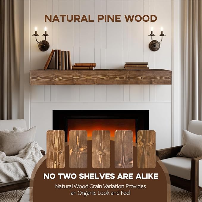 Fireplace Mantel Shelf, 56" Wooden Floating Shelf for Over Fireplace, Wall-Mounted Mantel Shelves, Decorative Mantels, Rustic Floating Mantels Shelves, Brown