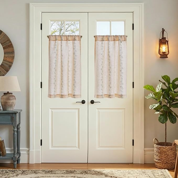 jinchan Katy Linen Floral Kitchen Curtains 36 Inches Length Stripe Cafe Curtains Farmhouse Cottagecore Tier Small Window Drapes for Living Room Light Filtering Rod Pocket 2 Panels Sage Green on Linen