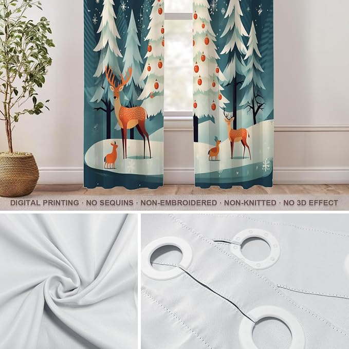 Shrahala Christmas Tree Elk Thermal Insulated Blackout Window Curtains, Red Ball Snowflake Blue Background Long Drapes for Bedroom/Living Room with Plastic Grommet, 52X84 Set of 2