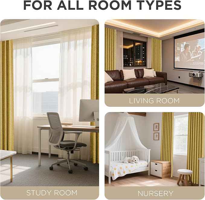 Joydeco Blackout Curtains for Bedroom - 100% Light Blocking 2 Panels Set Yellow Drapes 37"W x 108"L, Thermal Insulated Room Darkening Curtains, Linen Textured for Living Room, Rod Pocket & Back Tabs