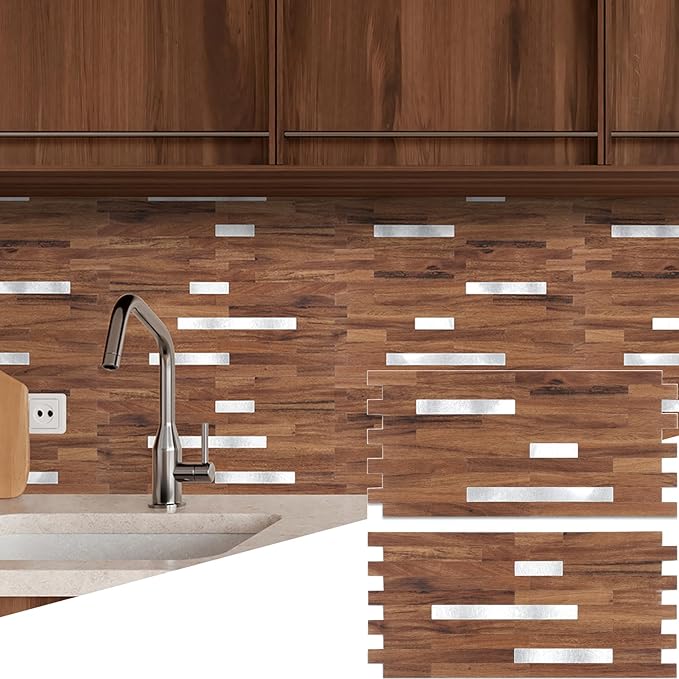 Yipscazo 20 Sheets PVC Wall Tiles Stick on Tiles for Backsplash Kitchen, Bathroom, Laundry Room, Camper, Fireplace (6'' X 12'', Brown Wood)
