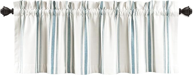 Lush Decor Farmhouse Stripe Yarn Dyed Recycled Cotton Window Curtain Valance, 18" L x 52" W, Blue - Classic Modern Rustic Charm - Eco Friendly Cotton Fabric