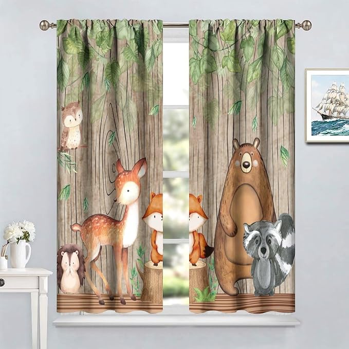 Forest Animal Kids Curtains, Wild Rustic Bear Fox Deer Children Cartoon Window Treatments for Living Room, Watercolor Navy Blackout Drapes 2 Panel Sets,55x63 Inch
