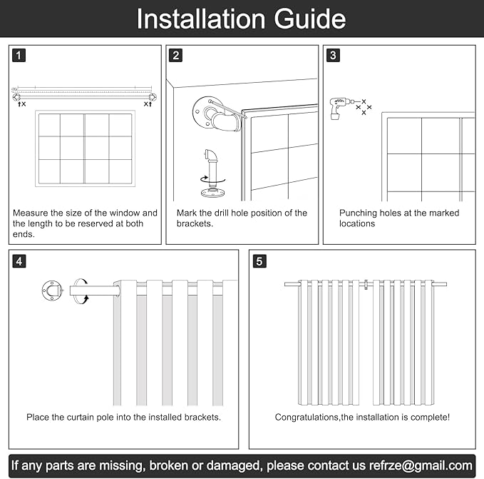 Refrze Curtain Rods for Windows 66 to 120 Inch, 1" Black Industrial Wrap Around, Adjustable Heavy Duty Blackout Curtain Rods for Ceiling, Bedroom, Outdoor Patio