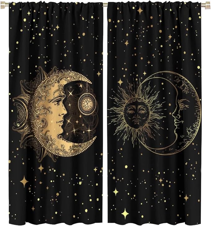 Sun and Moon Blackout Windows Curtains, Golden Planet Star Mysterious Galaxy Curtains Space Curtains, for Living Room Bedroom 55x63in 2 Panels