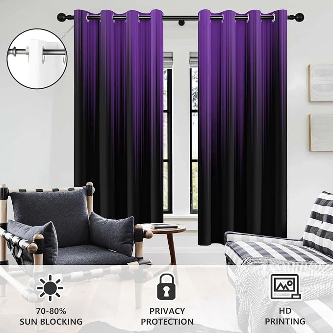 AAtter Purple Black Window Curtains, Room Darkening, Grommet 42" W x 63" L | Dark Gothic Ombre Drapes, Abstract Moody High Precision Fabric, Plum Witchy Modern, 2 Panels Bedroom Decor for Women