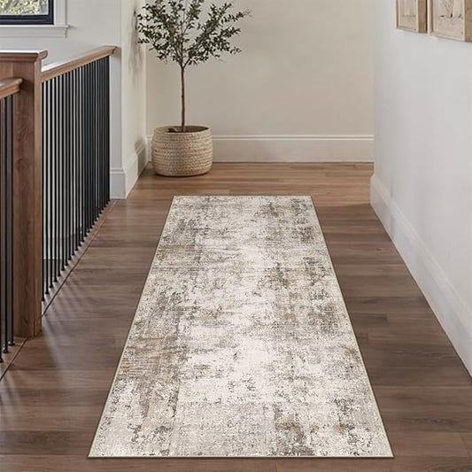 2x6 Washable Runner Rug Brown Grey Abstract Non Slip Soft Low Pile Hallway Kitchen Rug Neutral Modern Carpet for Laundry Bathroom Bedroom Living Room Home Decor
