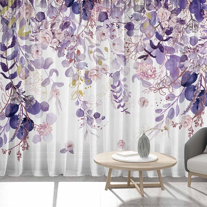 Purple Floral Sheer Curtains 84 Inch Length 2 Panels, Eucalyptus Leaves Botanical Light Filtering Privacy Semi-Sheer Vintage Curtains for Bedroom Living Room, Watercolor Flower Pink Plant Curtain