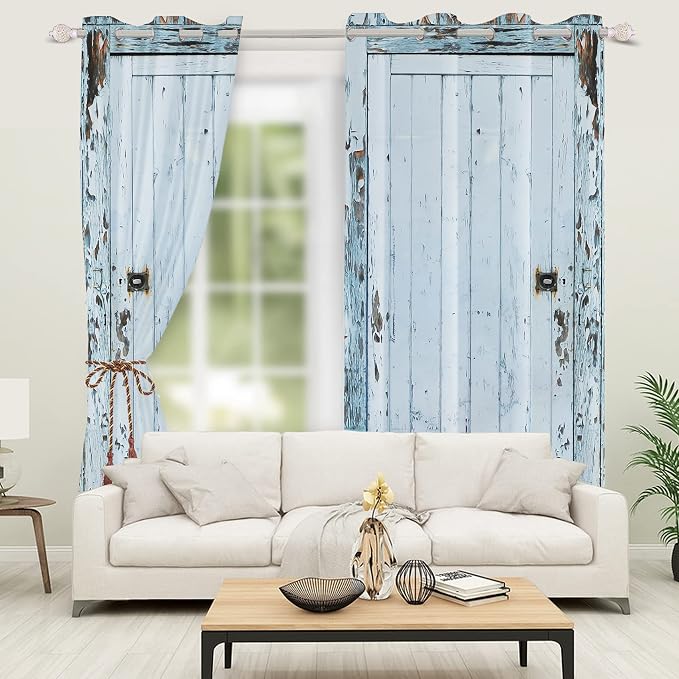 Wooden Barn Door Window Curtains Vintage Blackout Kitchen Curtains Rustic Country Farmhouse Garage Decor Light Blue Wood Planks Print Window Drapes for Living Room Bedroom,53x96 inch,2 Panels