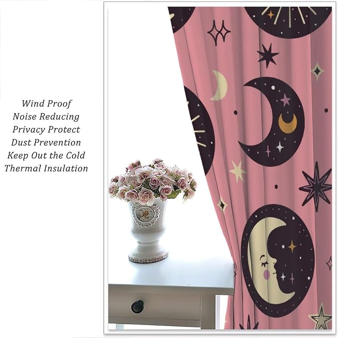 Sun Moon Stars Blackout Curtains, Abstract Magical Art Pattern Printed Window Drapes, for Bedroom Living Room 42" W X 63" L
