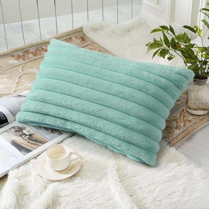decorUhome Fall Cozy Faux Fur Throw Pillow Covers 12x20 Set of 2 Decorative Soft Plush Striped Lumbar Modern Farmhouse Boho Couch Pillow Cases with Velvet Back for Sofa Bed Living Room, Aqua