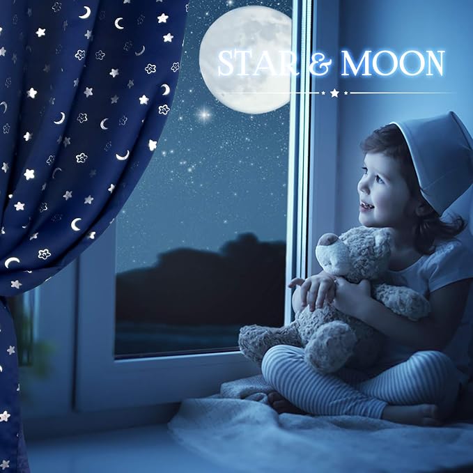 BGment Kids Curtains for Bedroom 84 Inch Length 2 Panels Set, Star and Moon Blackout Curtains for Boys Room Decor, Nursery Thermal Insulated Room Darkening Curtains with Grommet, 38 Wide, Navy Blue