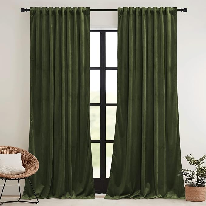 RYB HOME Olive Green Velvet Curtains for Bedroom Living Room, Thermal Insulated Privacy UV Heat Blocking Luxurious Drapes for Nursery Dining Room, 52"W x 100"L, 2 Panels, Rod Pocket/Back Tab/Hook Belt