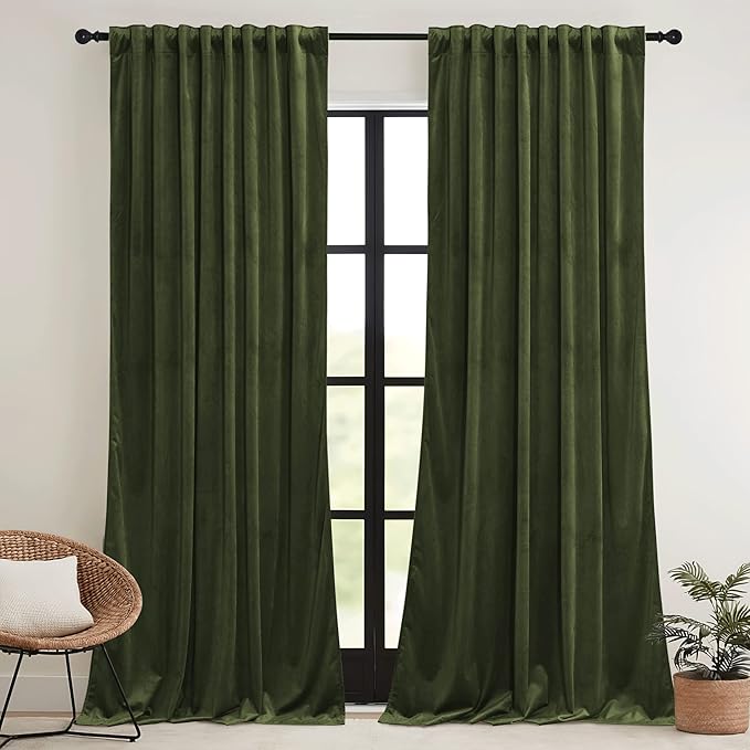 RYB HOME Olive Green Velvet Curtains with Hook Tape, Thermal Insulated Privacy Protect Decorative Drapes for Space Partition, W 62 x L 96 inches, 2 Panels Set