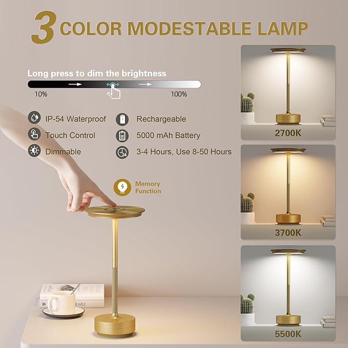 Cordless Rechargeable Table Lamp,LED Portable Touch 5000mAh Battery Operated Table Lights,with Memory Function 3-Level Brightness for Patio,Bars,Outdoor Camping,Dining,café(2P Gold)