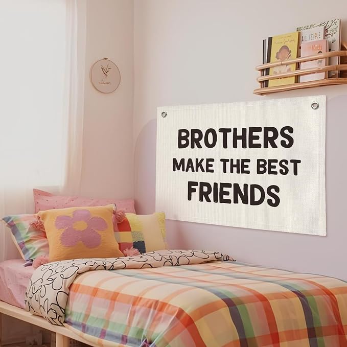 Brothers Make The Best Friends Banner, Boys Room Decor, Toddler Boy Linen Banner Wall Hanging Flag Decor for Nursery 20x30 - White