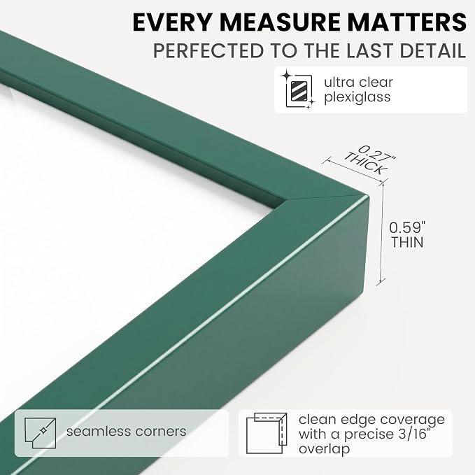 11x14 Picture Frame for 8x10 Photo, Minimalist Aluminum Frame, Dark Green | Deep Green Metal Frame for Wall, Desk & Gift | Shatterproof Glass & Hardware