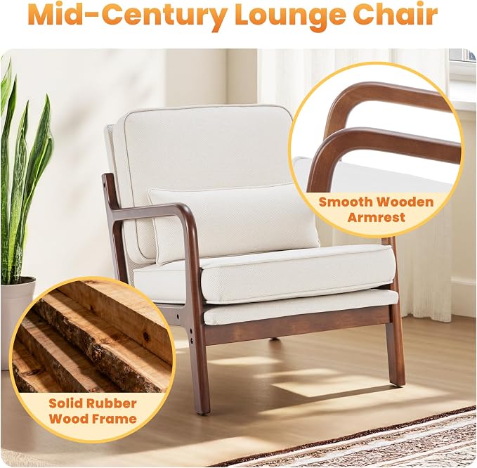 DUMOS Mid Century Modern Accent Chair, Upholstered Armchair with Lumbar Pillow and Solid Wood Frame, Low Side Sitting Chair for Small Living Room, Bedroom, Balcony, Home Corner, Beige