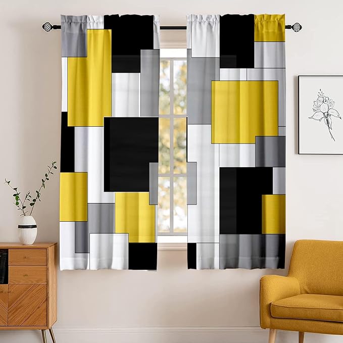 Yellow and Black Geometry Curtains Length Room Modern 42W x 63L Inch Grey Abstract Rod Pocket Curtain for Bedroom Kitchen Living Room Window Drapes 2 Panels