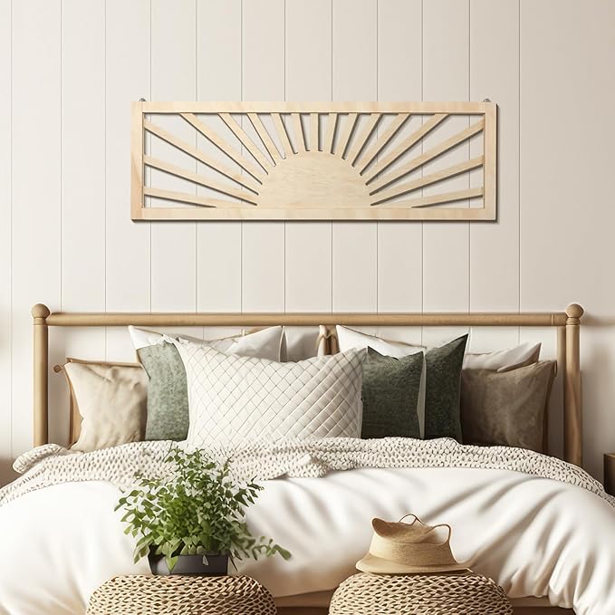 Burbell Sun Wall Art Decor 35'' x 12'' Large Boho Sun Wall Decor Wooden Horizontal Vintage Bohemian Hanging Rectangle Panoramic Above Bed Decoration for Bedroom Home(Wood Color)