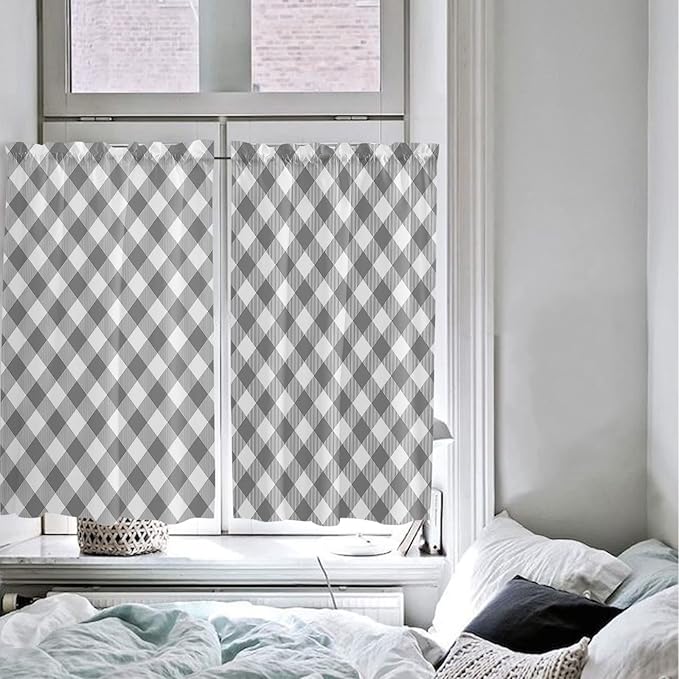 54 Inch Long Tier Curtains for Kitchen, Pastoral Style Grey Lattice Bathroom Window Curtains Rod Pocket Short Curtains Window Treatment Tiers for Living Room Farmhouse 2 Panels
