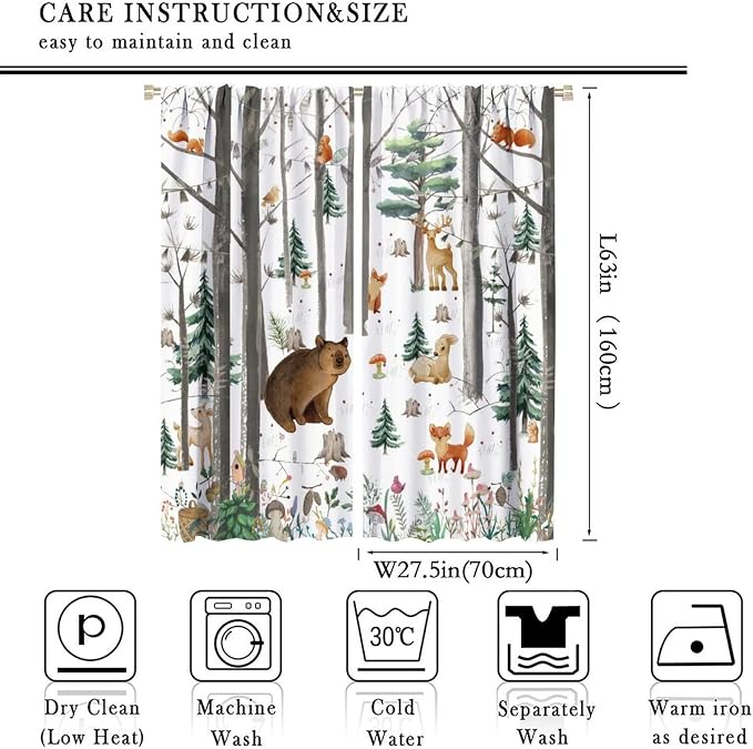 YCness Kid Forest Woodland Animal Fox Elk Bear Watercolor Print Curtains for Nursery Bedroom Living Room, Rustic Wild Animal Window Drapes 2 Panel Set, 55x63 Inch