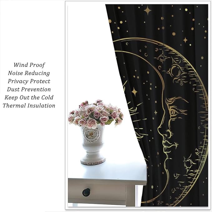 Gold Sun and Moon Blackout Windows Curtains, Fantasy Mandala Bohemian Universe Galaxy Printed Curtains, for Living Room Bedroom 63x63in 2 Panels
