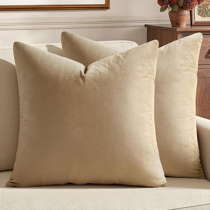 MIULEE 24x24 Inch Euro Sham Velvet Pillow Covers, Set of 2 Large Square Decorative Pillows -Beige Super Soft for King Bed, Sofa, Couch, Accent Chairs with Hidden Zipper