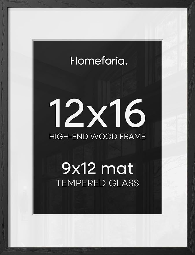Homeforia 12x16 Black Wood Picture Frame, High End Oak 12x16 Poster Frames with Mat 9x12 Print, 12 x 16 Black Wooden Frame Matted to 9 by 12 Photo, 16x12 Thin Frame, Tempered Glass, Wall Kit, Set of 2