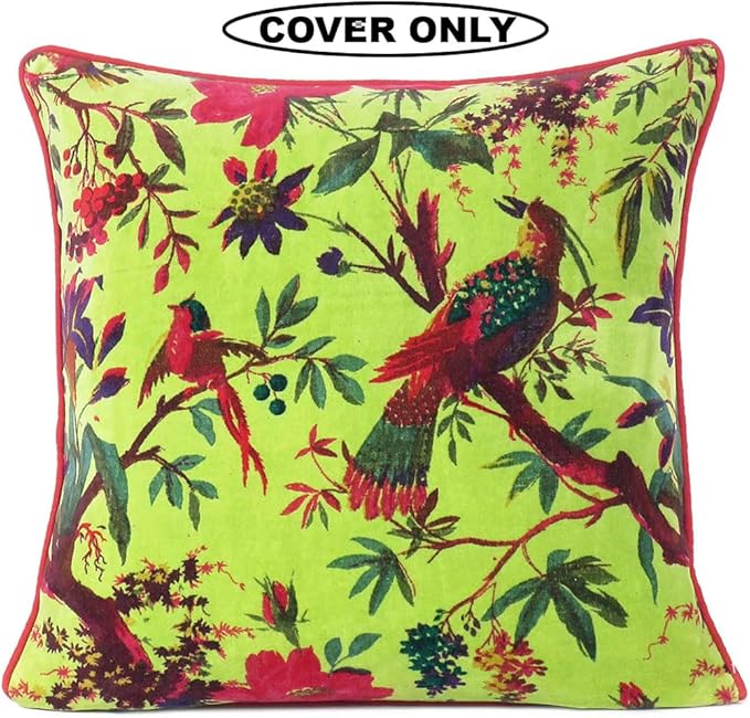 Velvet Floral Flower Bird Throw Pillow Sofa Cushion Cover Case Couch Colorful Boho Chic Bohemian Accent Indian Handmade (Light Green, 20" x 12")