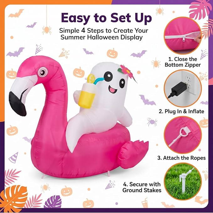 4.9FT Summerween Decorations Inflatable Ghost on Flamingo Float, Halloween Outdoor Inflatable Decor with Tropical Drink and LED Lights for Yard Lawn Garden Home, Summerween Party Decorations
