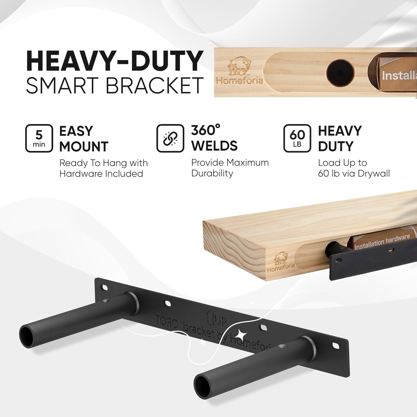 Homeforia 16 inch Black Floating Shelves, High End Solid Real Wood 16inch Bathroom Floating Shelves for Wall Mounted, 16in Wooden Small Floating Shelf, Heavy Duty Bracket, 16 X 6.5 X 1.75 in, Set of 4