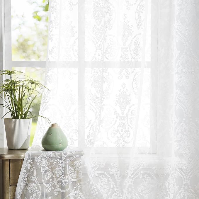 Treatmentex Lace Sheer Curtains Vintage Damask Knitted European Floral Damask White Sheer Curtains for Living Room Victorian Bedroom Kitchen 54" W by 95" L 2 Panels Rod Pocket