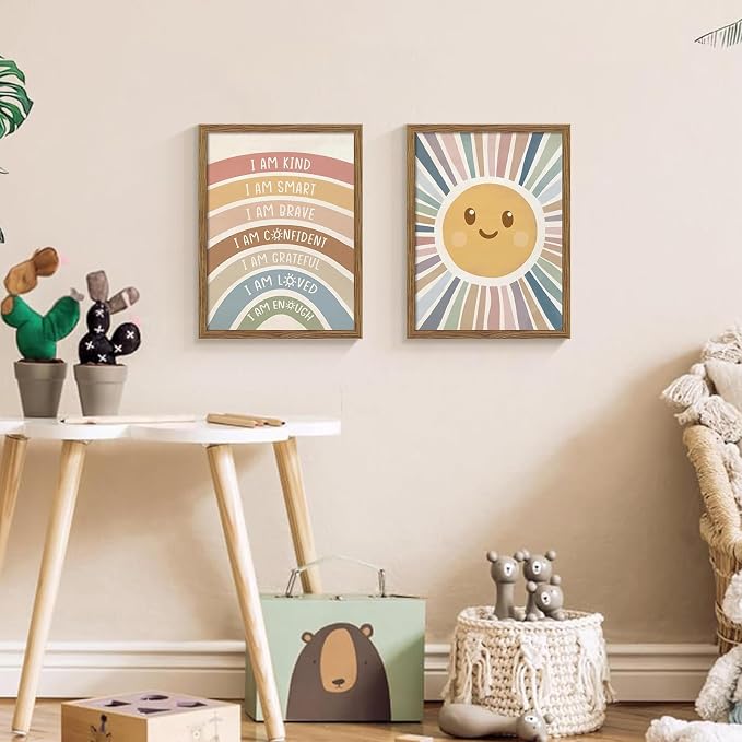 2 Piece Framed Boho Rainbow Kids Room Wall Art 16x24 Inch | Positive Affirmations Playroom Wall Decor, Sun Smiley Face Nursery Painting Canvas Prints for Classroom Toddler Room Decor
