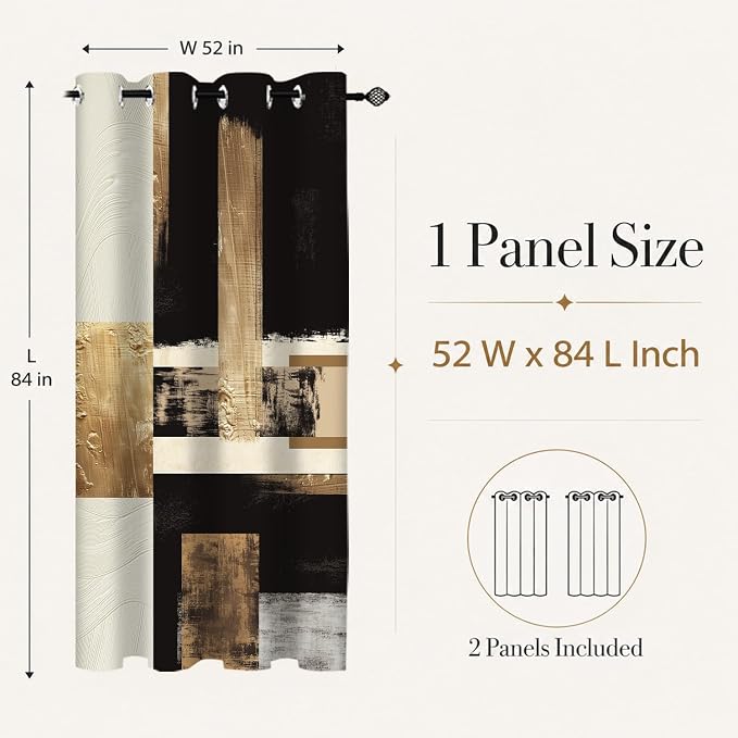 Boho Black Gold Abstract Blackout Curtains, Modern Oil Aesthetic Neutral Contemporary Beige Darkening Thermal Insulated Grommet Light Blocking Drape Decor, 52 x 84 Inch Long 2 Panels