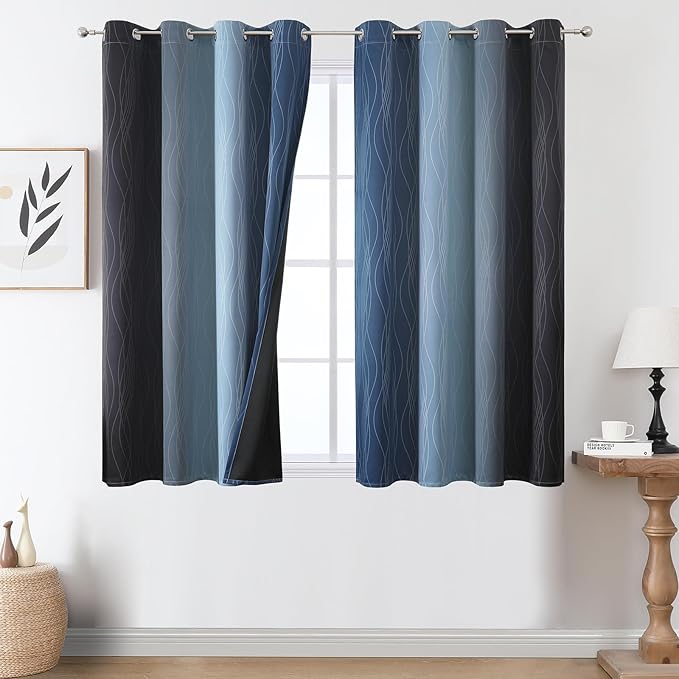 Estelar Textiler Navy Blue and Black Ombre Blackout Curtains 54 Inch Length, Full Light Blocking Gradient Grommet Drapes for Window, Thermal Insulated Curtains for Bedroom, 52Wx54L, 2 Panels