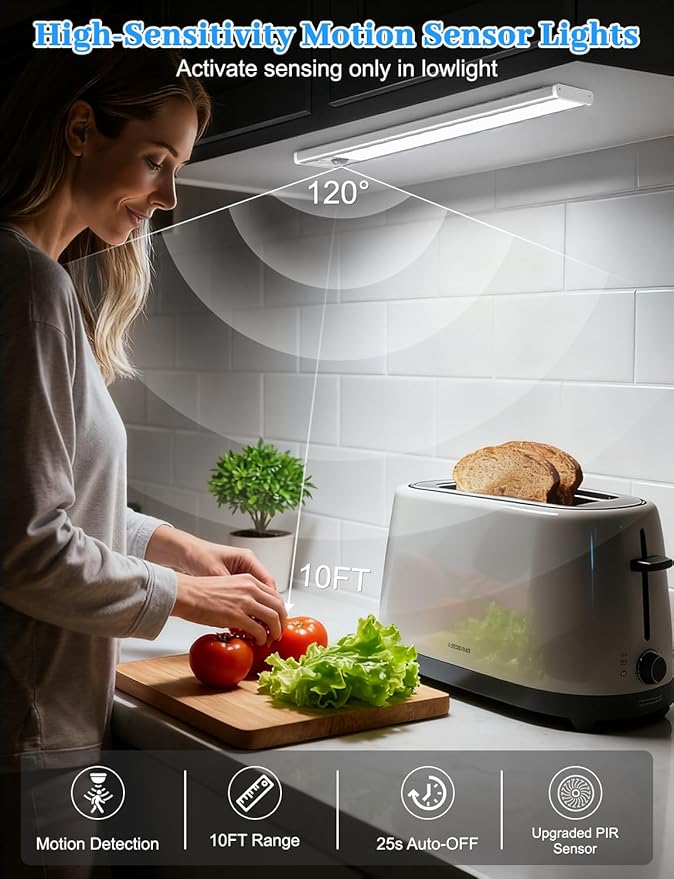 14in Under Cabinet Lighting with Charging Station, 3200mAh Rechargeable Motion Sensor Light Indoor, Magnetic Under Cabinet Lights for Kitchen, 3 Color Tempers Dimmable Closet Lights Wireless, 6-Pack