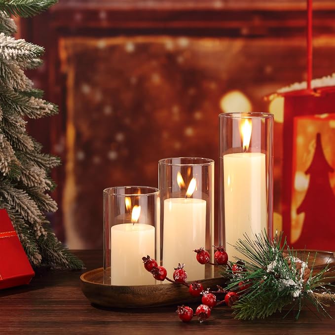 Shihanee Set of 6 Pillar Candles with Glass Cylinder Vases Clear Cylinder Hurricane Candleholders for Slim Tall Pillar Candles Wedding Table Centerpieces(2.6'' X 4.7'', 5.9'', 7.9'',Ivory)