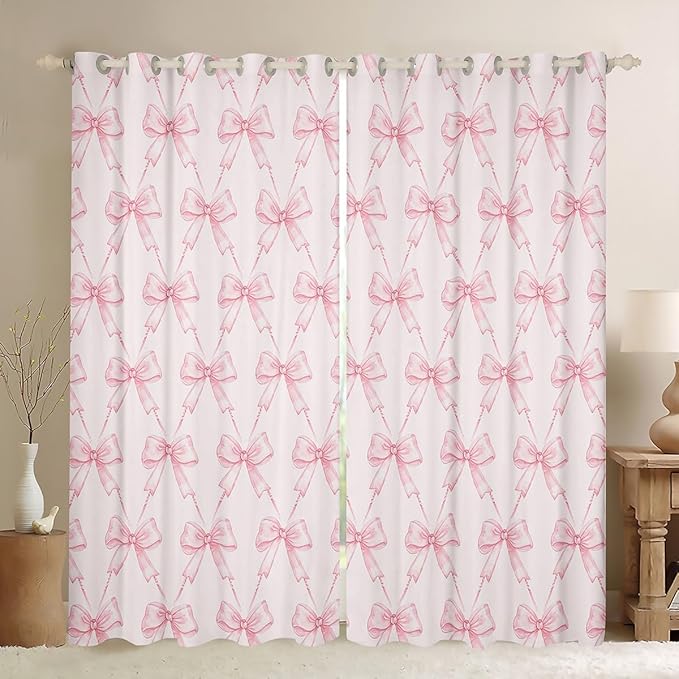 Feelyou Bow Curtains for Bedroom Living Room (2 Panels, 42 x 84 Inch) Pink Girls Bow Room Darkening Blackout Curtain Boys Girls Cute Bowknot Blackout Curtains Kawaii Window Treatments