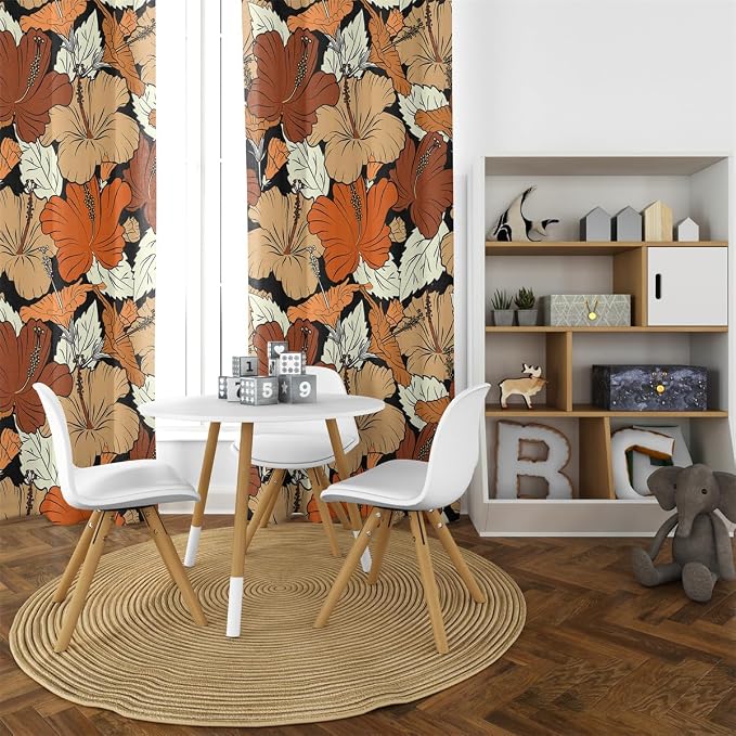 Floral Blackout Curtains 84 Inch Length 2 Panels Rustic Vintage Hibiscus Flowers Orange and Yellow Print Thermal Insulated Darkening Drapes Window Treatment for Bedroom Living Room 52x84 Inch