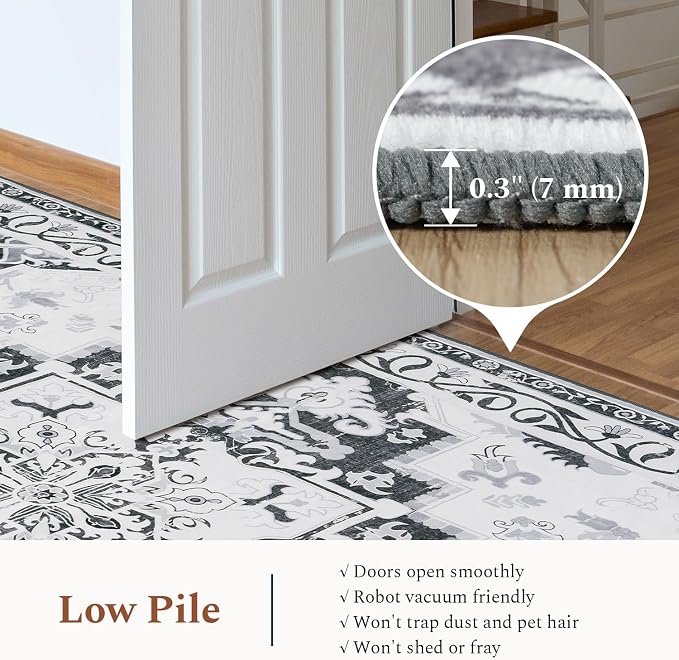 Rugflix 6x9 Area Rug for Living Room, Machine Washable Area Rugs with Non-Slip Backing, Large Soft Boho Vintage Rug for Bedroom, Dining Room, Low Pile Carpet, Kids Pet Friendly, Grey