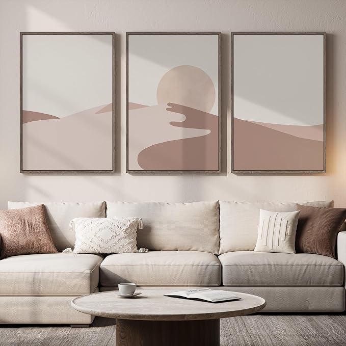 Large Framed Neutral Earth Tone Desert Wall Art for Living Room, 3 Piece Abstract Minimalist Sunset Landscape Canvas Artwork for Walls, Mid Century Modern Boho Wall Decor for Bedroom Hallway, 24x36 In