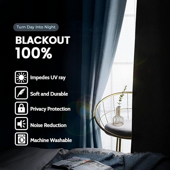 SimpleHome 100% Blackout Curtains for Bedroom,Thermal Insulated Grommet Window Drapes Room Darkening Stone Blue Curtains for Living Room with Black Back,42 x 63 Inch,2 Panels