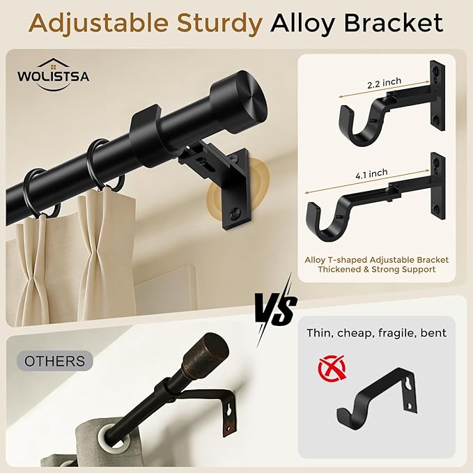Heavy Duty Curtain Rod 34 to 186 Inch, Black 1 Inch Adjustable Extra Long Curtain Rods for Windows, Decorative Window Treatment Rods with Modern Solid Aluminum Finials, Easy Installation