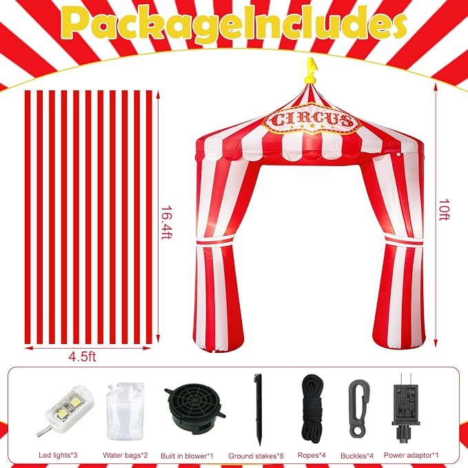 10ft Carnival Circus Tent Party Decorations, Red and White Striped Inflatable Arch with Build in LED Lights, Blow Up Tent and Floor Runner for Circus Carnival Halloween Birthday Party Decorations