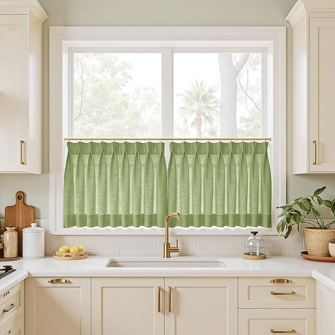 TWOPAGES 26" W x 18" L Linen Blend Cafe Curtains for Kitchen Window, Light Filtering Pinch Pleated Tier Curtains, Modern Farmhouse Half Window Curtains for Small Window, Green, 2 Panels