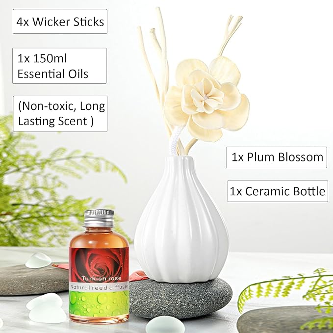 Reed Diffuser Set, Home Fragrance & Decorative Diffuser, Dried Flower Aromatherapy Oil Set, Oil Diffuser Sticks, Ceramic Bottle 5.07 oz(150ml) /1 Pack (TurkishRose)