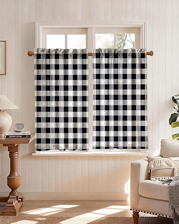 Miss Adola Farmhouse Kitchen Tier Curtains - 36 Inch Length Linen Blend Cafe Curtains Plaid Checkered Small Window Treatments Over Sink Rod Pocket for Bathroom Living Room Light Filtering, 2 Panels